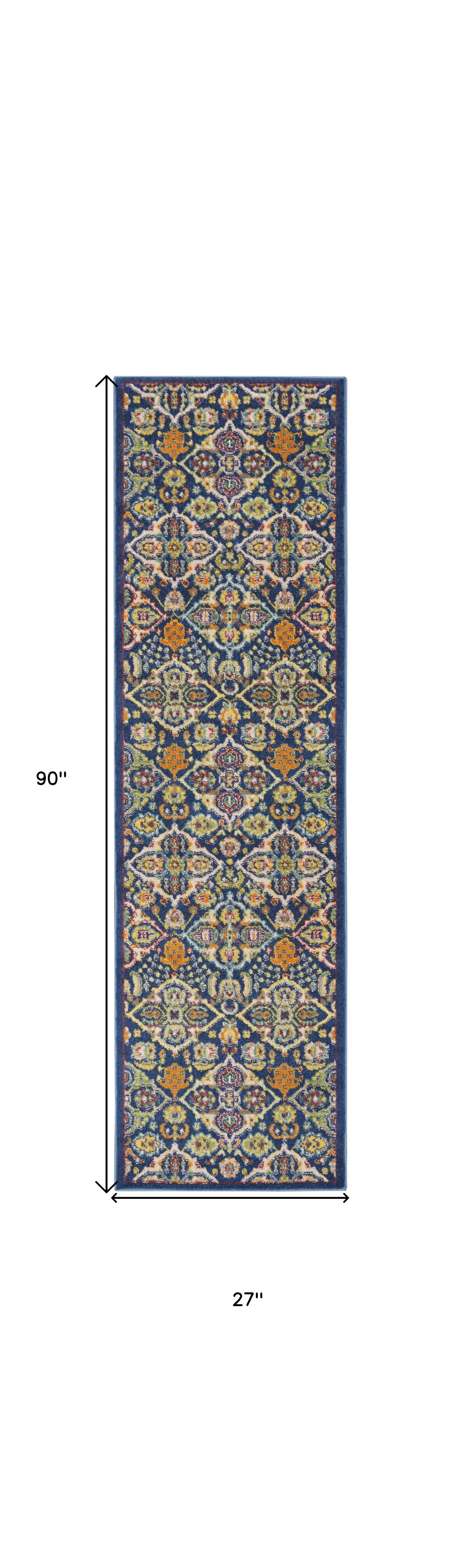 8' Blue Floral Power Loom Runner Rug