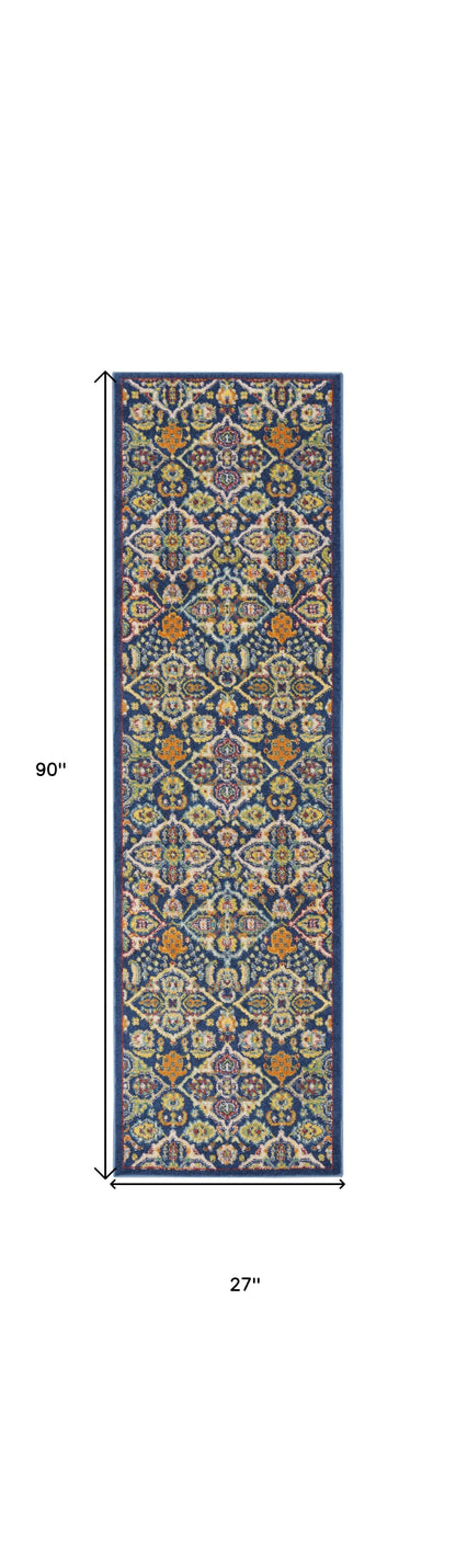 8' Blue Floral Power Loom Runner Rug