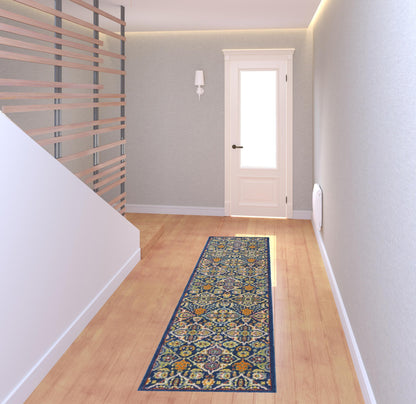 8' Blue Floral Power Loom Runner Rug