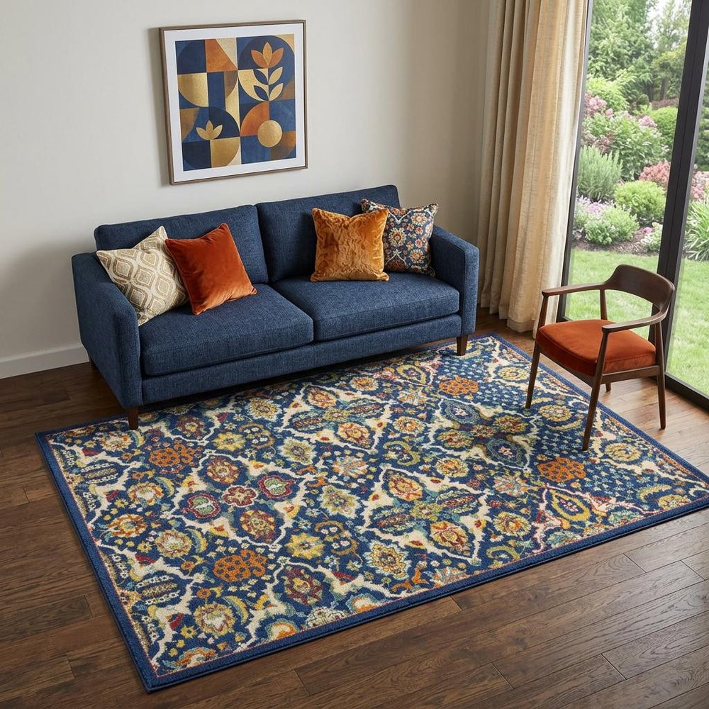 5' X 7' Blue Floral Power Loom Area Rug