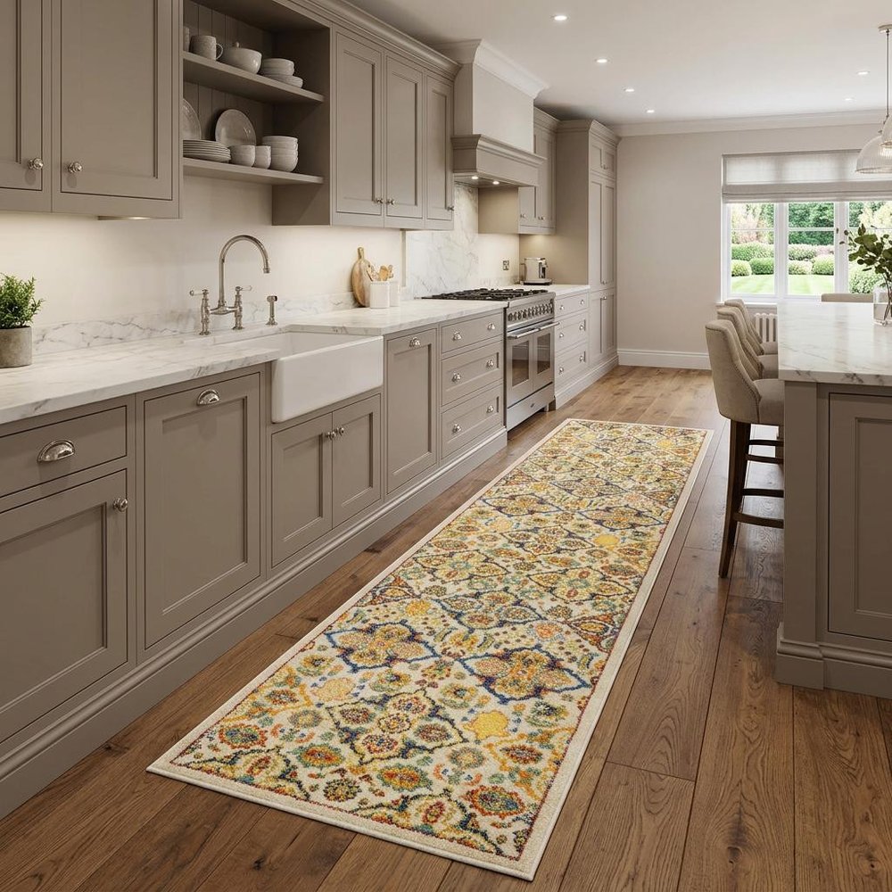 8' Ivory Floral Power Loom Runner Rug