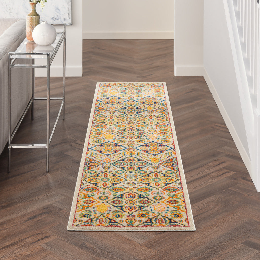 8' Ivory Floral Power Loom Runner Rug