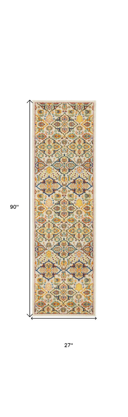 8' Ivory Floral Power Loom Runner Rug