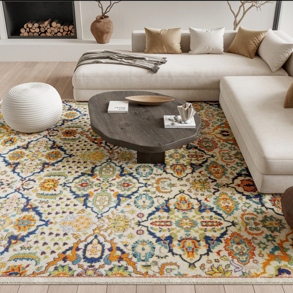 8' X 10' Ivory Floral Power Loom Area Rug