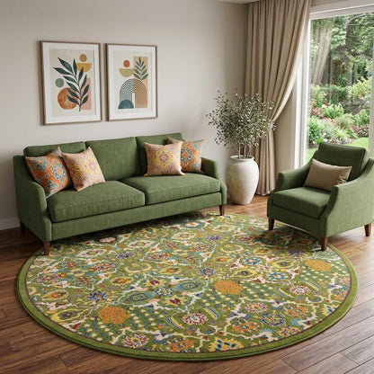 8' Green Round Floral Power Loom Area Rug
