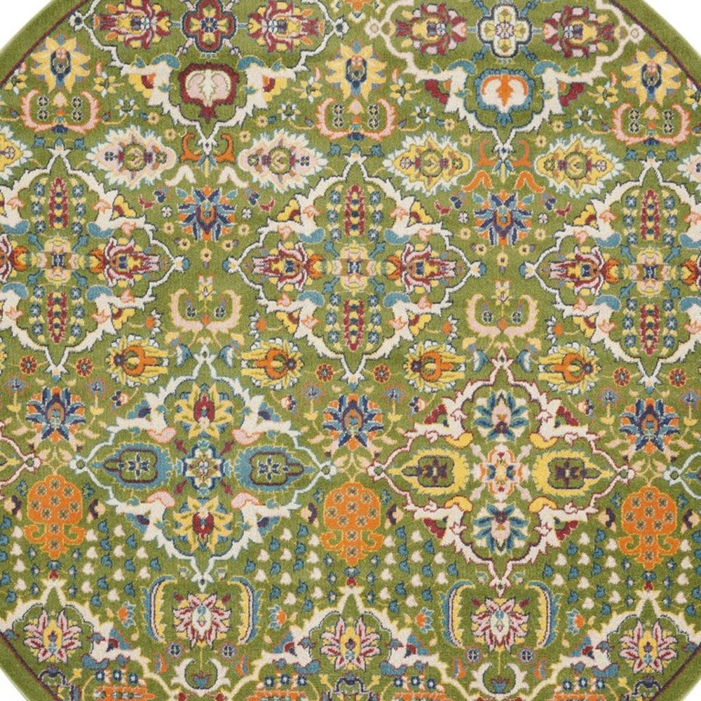 8' Green Round Floral Power Loom Area Rug