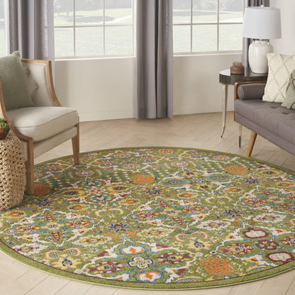 8' Green Round Floral Power Loom Area Rug