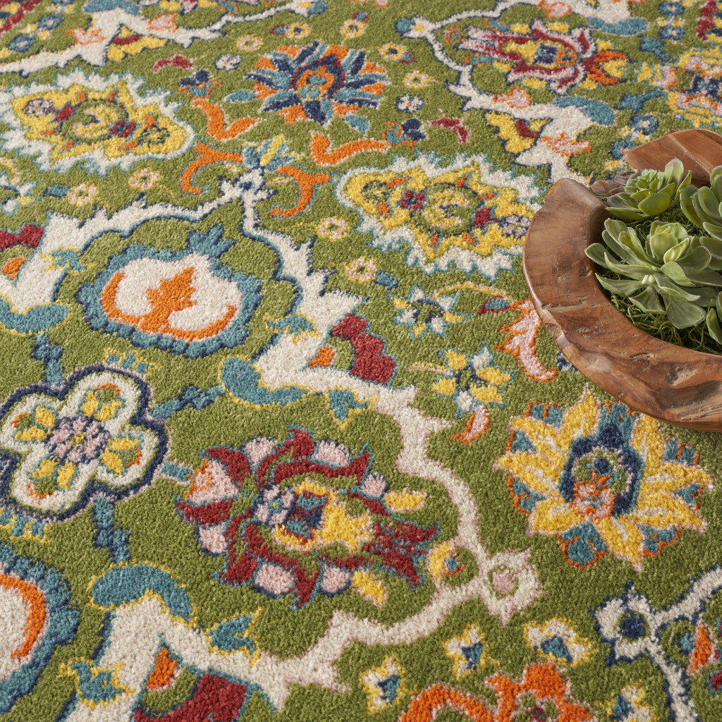 8' Green Round Floral Power Loom Area Rug