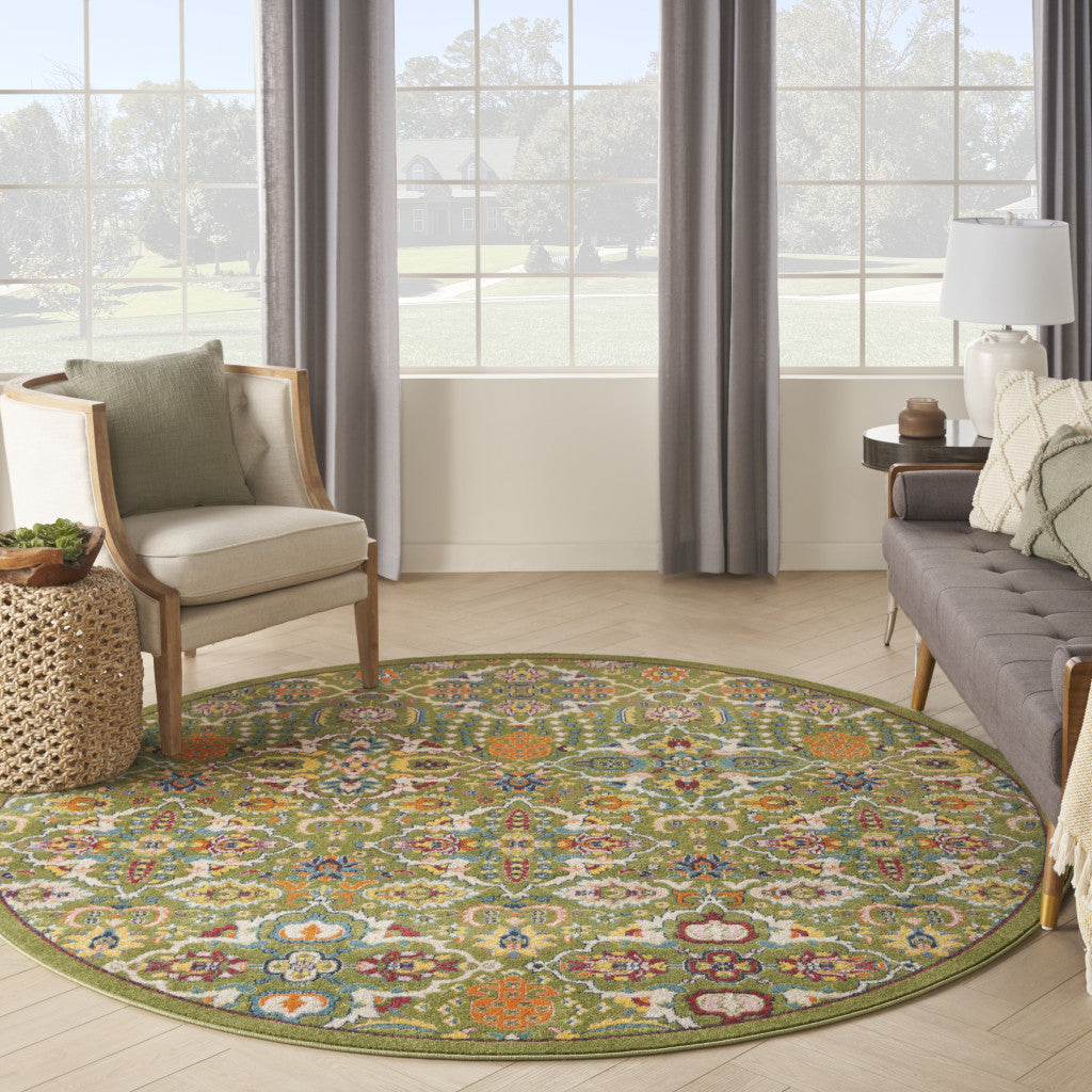 8' Green Round Floral Power Loom Area Rug