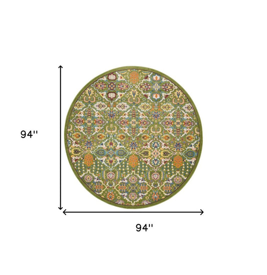 8' Green Round Floral Power Loom Area Rug