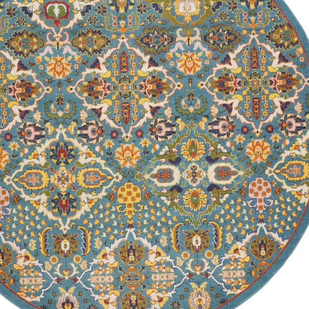 8' Blue Round Floral Power Loom Area Rug