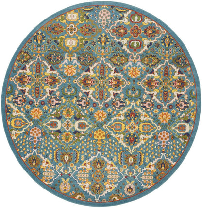 8' Blue Round Floral Power Loom Area Rug