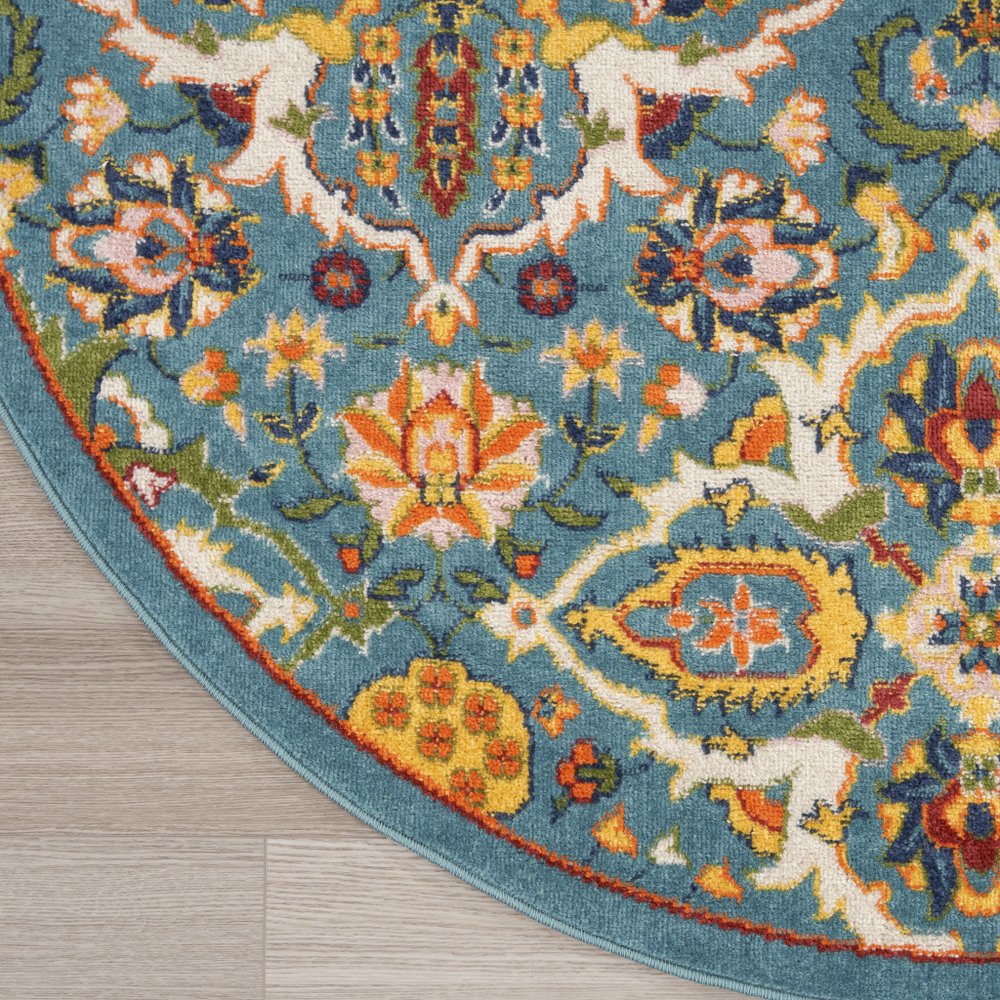 8' Blue Round Floral Power Loom Area Rug