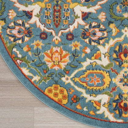 8' Blue Round Floral Power Loom Area Rug