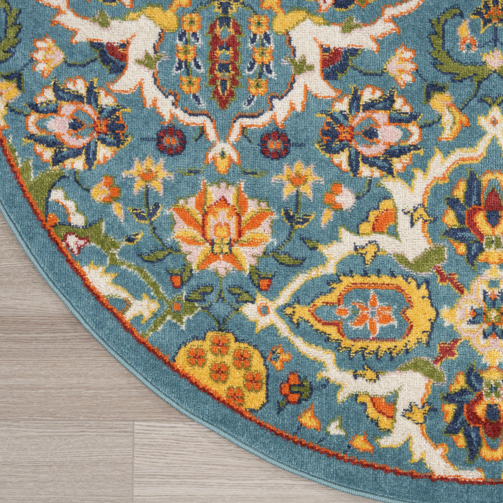 8' Blue Round Floral Power Loom Area Rug