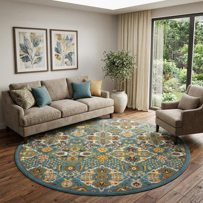 8' Blue Round Floral Power Loom Area Rug