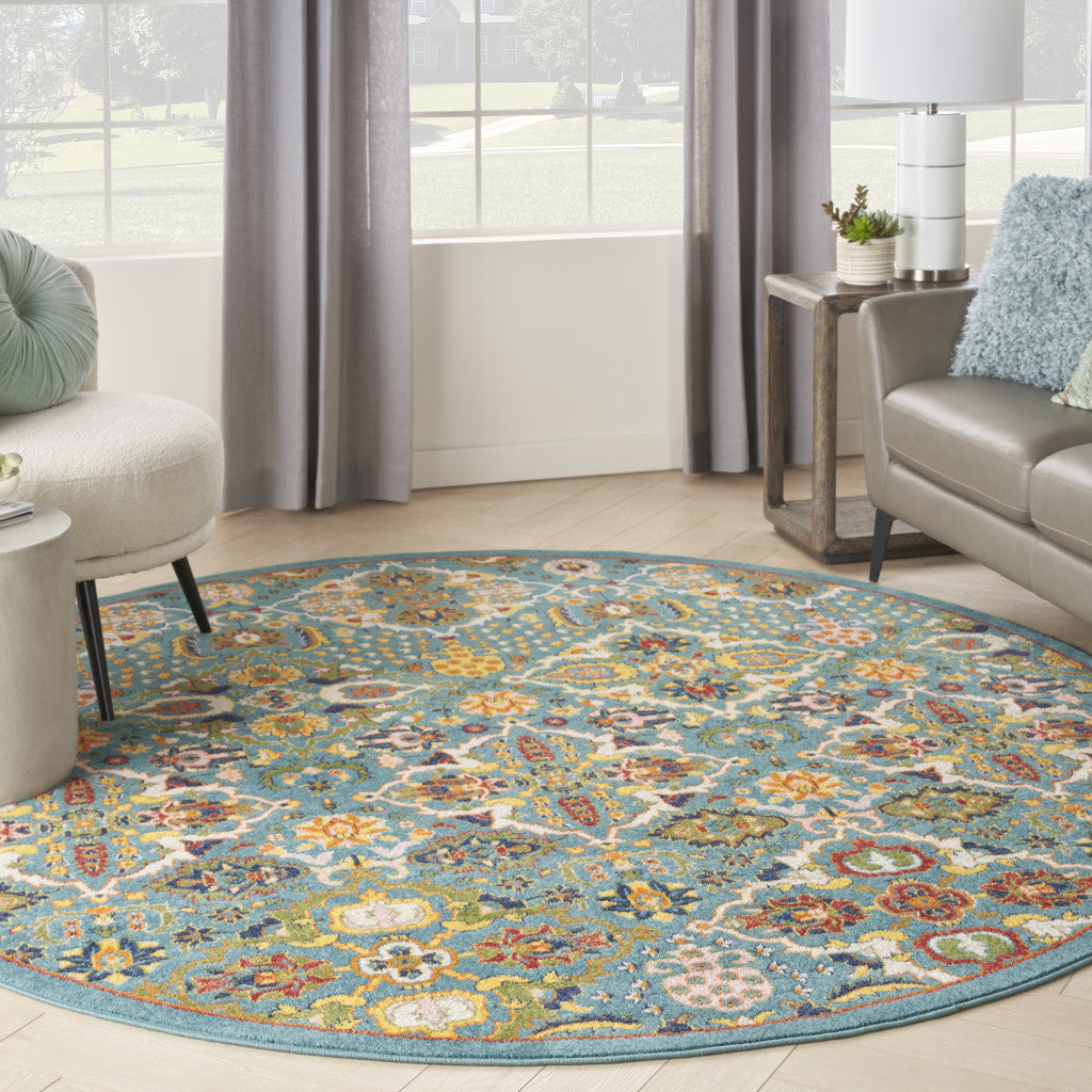 8' Blue Round Floral Power Loom Area Rug