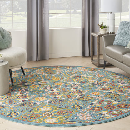 8' Blue Round Floral Power Loom Area Rug