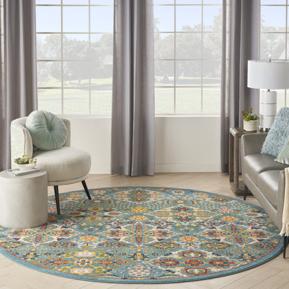 8' Blue Round Floral Power Loom Area Rug