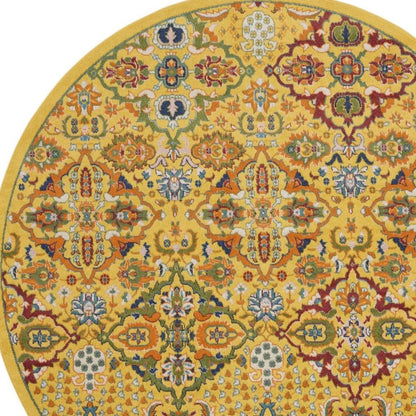 8' Yellow Round Floral Power Loom Area Rug
