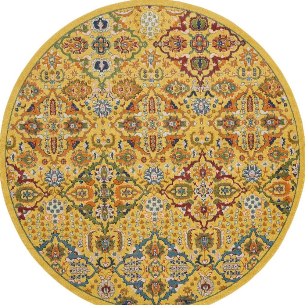 8' Yellow Round Floral Power Loom Area Rug