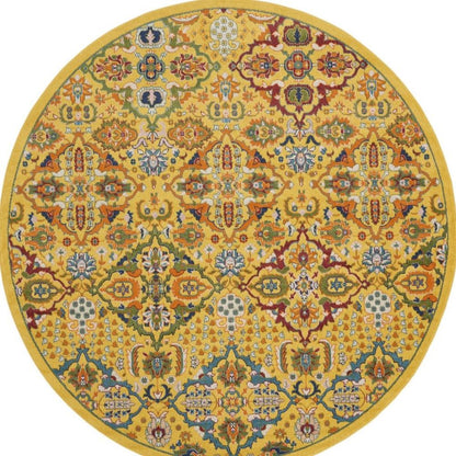 8' Yellow Round Floral Power Loom Area Rug