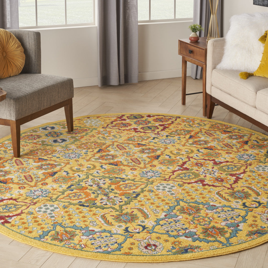 8' Yellow Round Floral Power Loom Area Rug