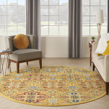 8' Yellow Round Floral Power Loom Area Rug