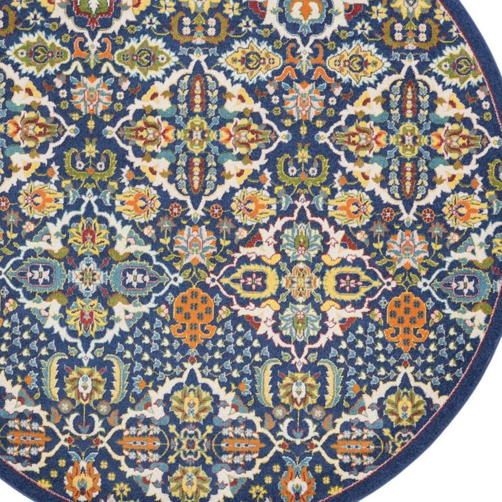 8' Blue Round Floral Power Loom Area Rug
