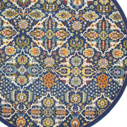 8' Blue Round Floral Power Loom Area Rug