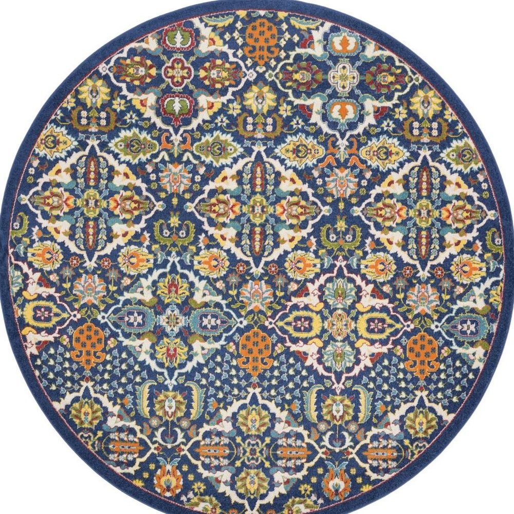 8' Blue Round Floral Power Loom Area Rug
