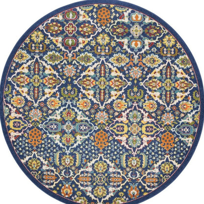 8' Blue Round Floral Power Loom Area Rug