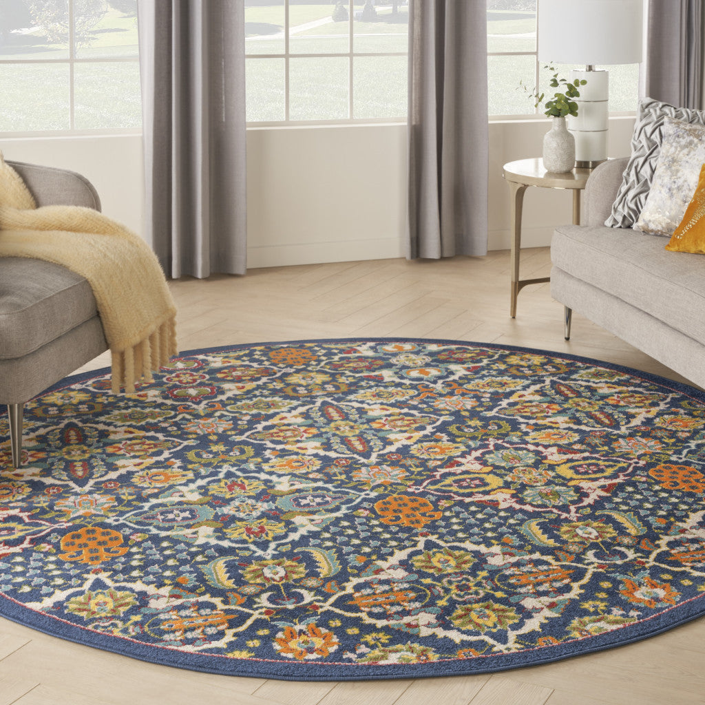 8' Blue Round Floral Power Loom Area Rug