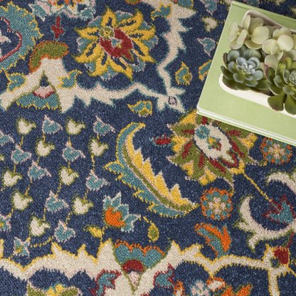 8' Blue Round Floral Power Loom Area Rug