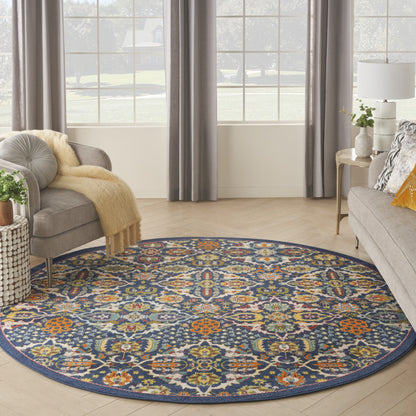 8' Blue Round Floral Power Loom Area Rug