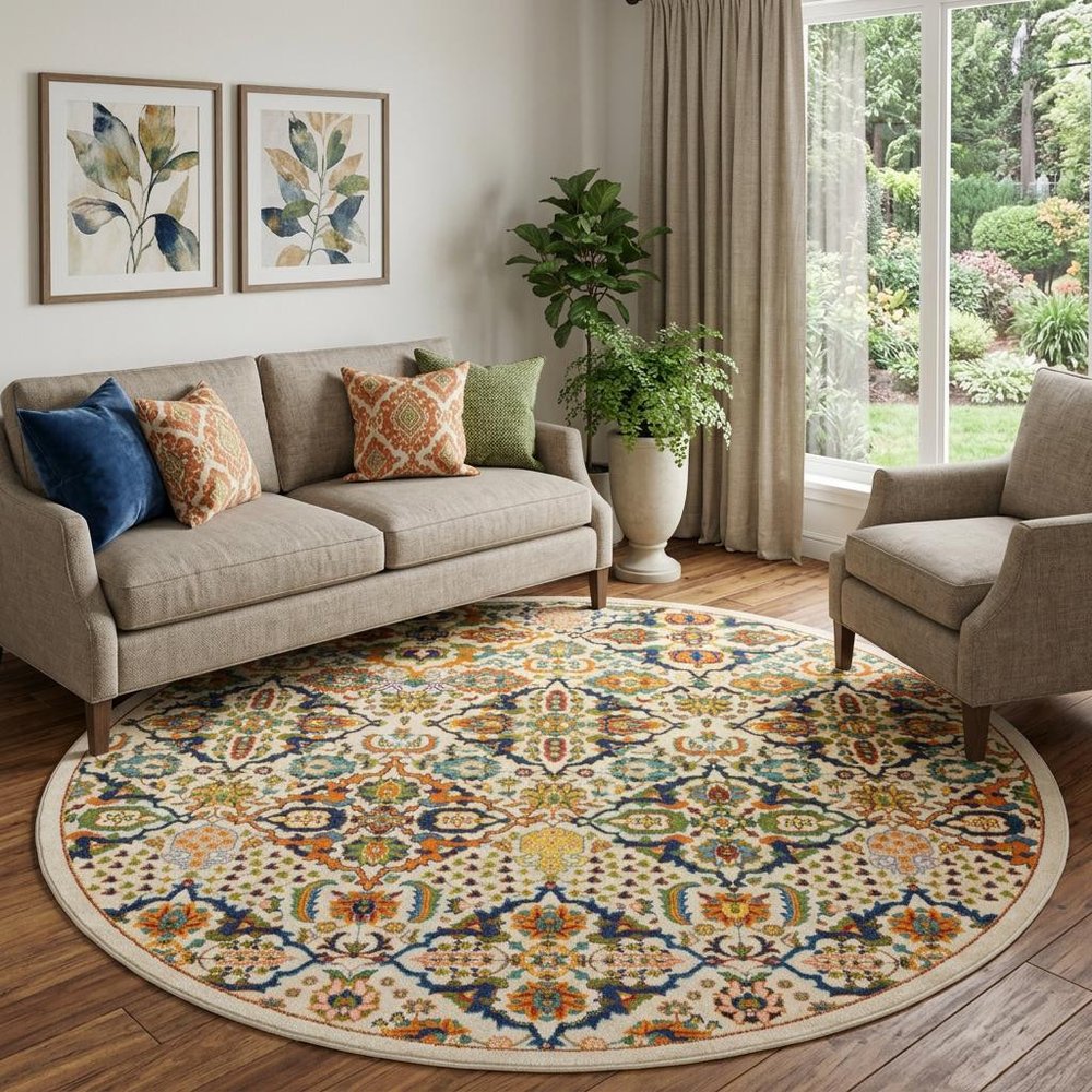 8' Ivory Round Floral Power Loom Area Rug