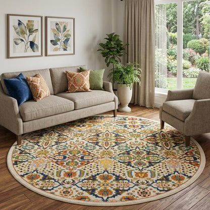 8' Ivory Round Floral Power Loom Area Rug