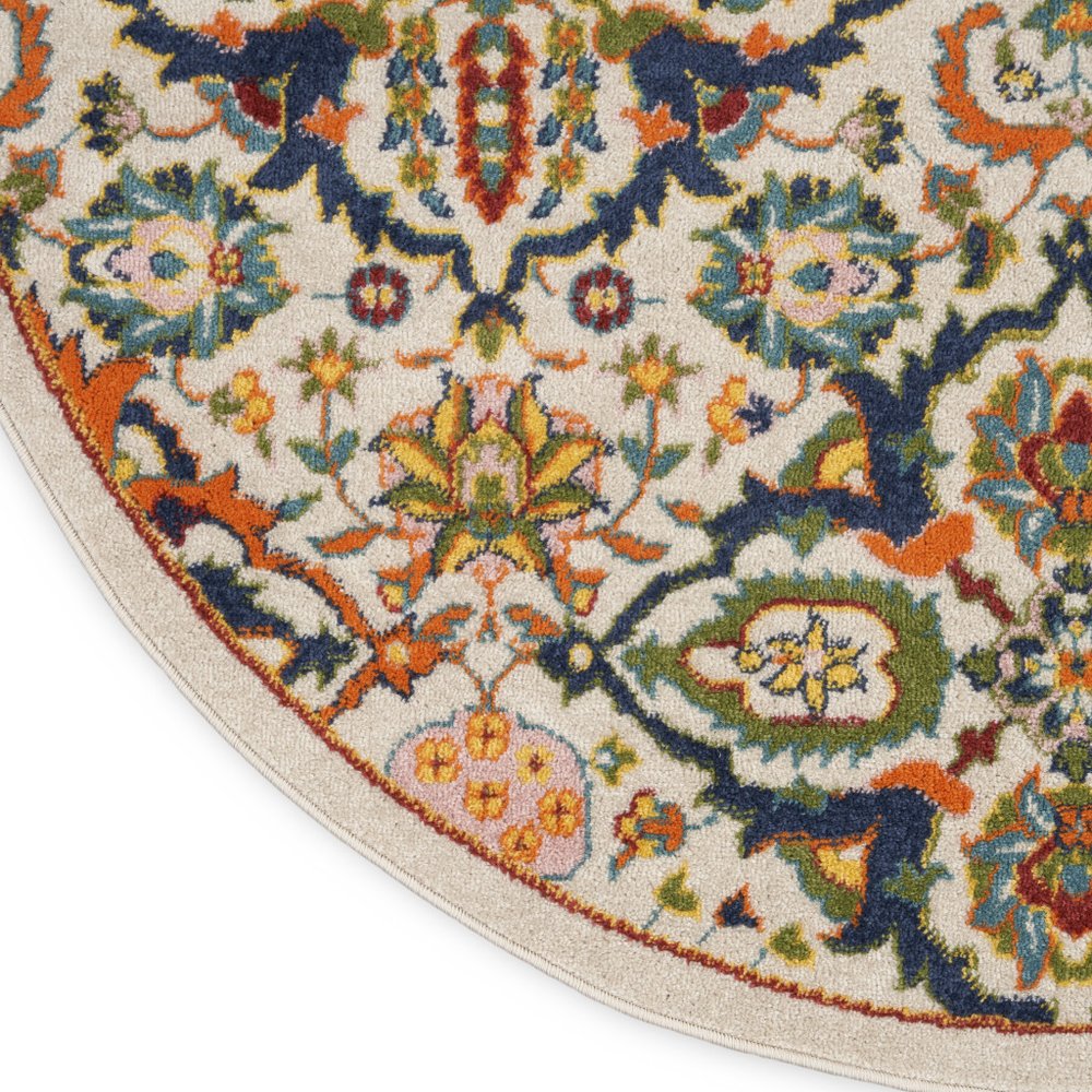 8' Ivory Round Floral Power Loom Area Rug