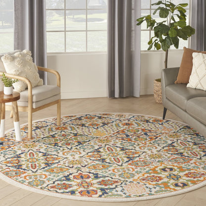 8' Ivory Round Floral Power Loom Area Rug