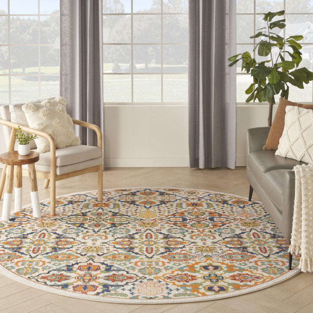 8' Ivory Round Floral Power Loom Area Rug