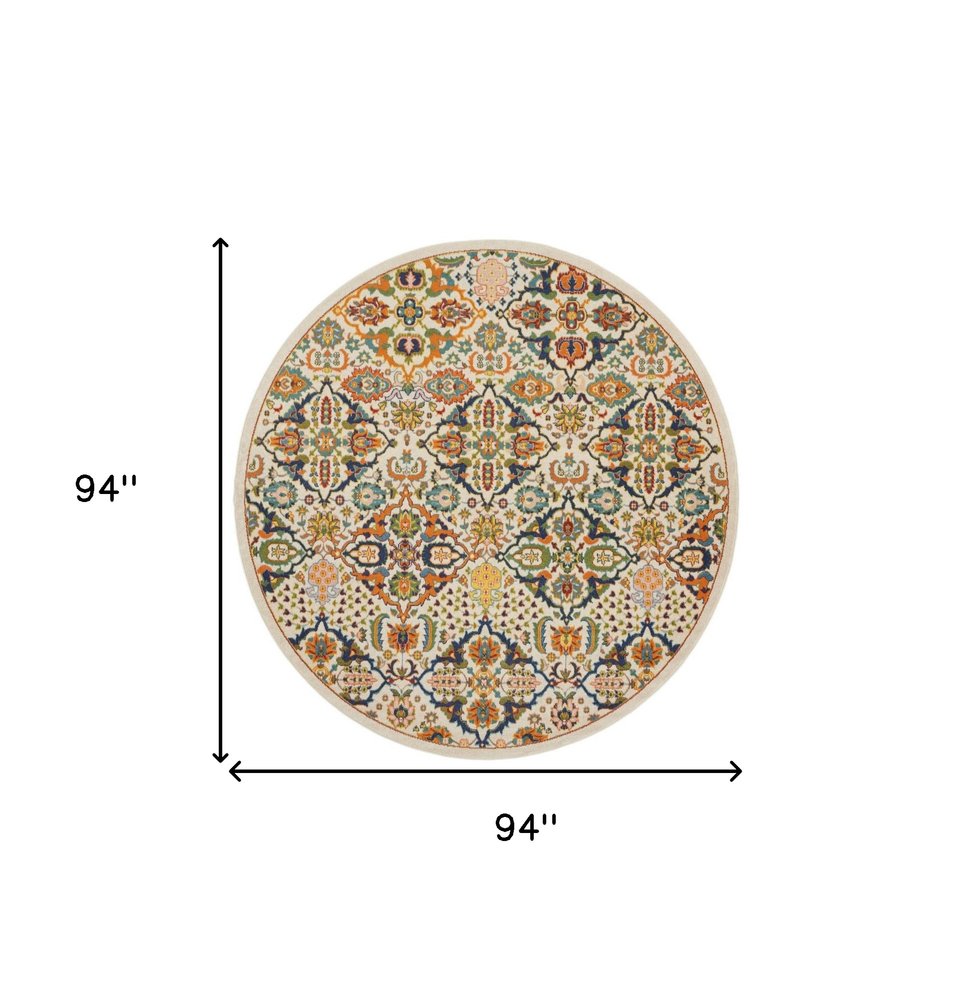 8' Ivory Round Floral Power Loom Area Rug