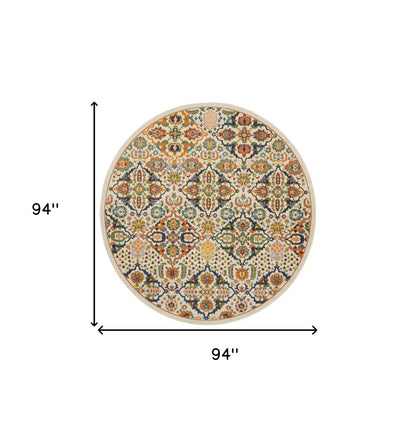 8' Ivory Round Floral Power Loom Area Rug