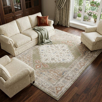 9' X 12' Khaki Oriental Power Loom Distressed Washable Area Rug
