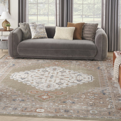 9' X 12' Khaki Oriental Power Loom Distressed Washable Area Rug