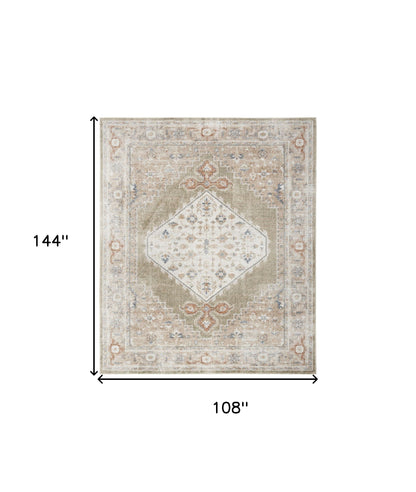 9' X 12' Khaki Oriental Power Loom Distressed Washable Area Rug