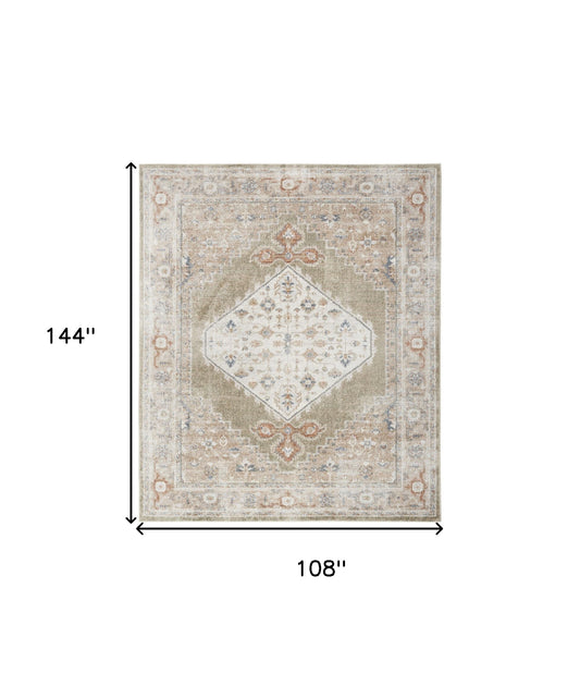 9' X 12' Khaki Oriental Power Loom Distressed Washable Area Rug