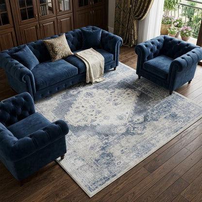 9' X 12' Blue and Ivory Oriental Power Loom Distressed Area Rug