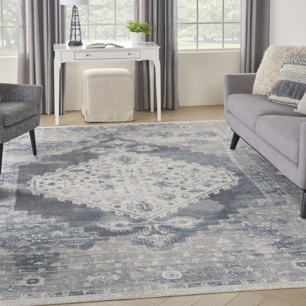 9' X 12' Blue and Ivory Oriental Power Loom Distressed Area Rug