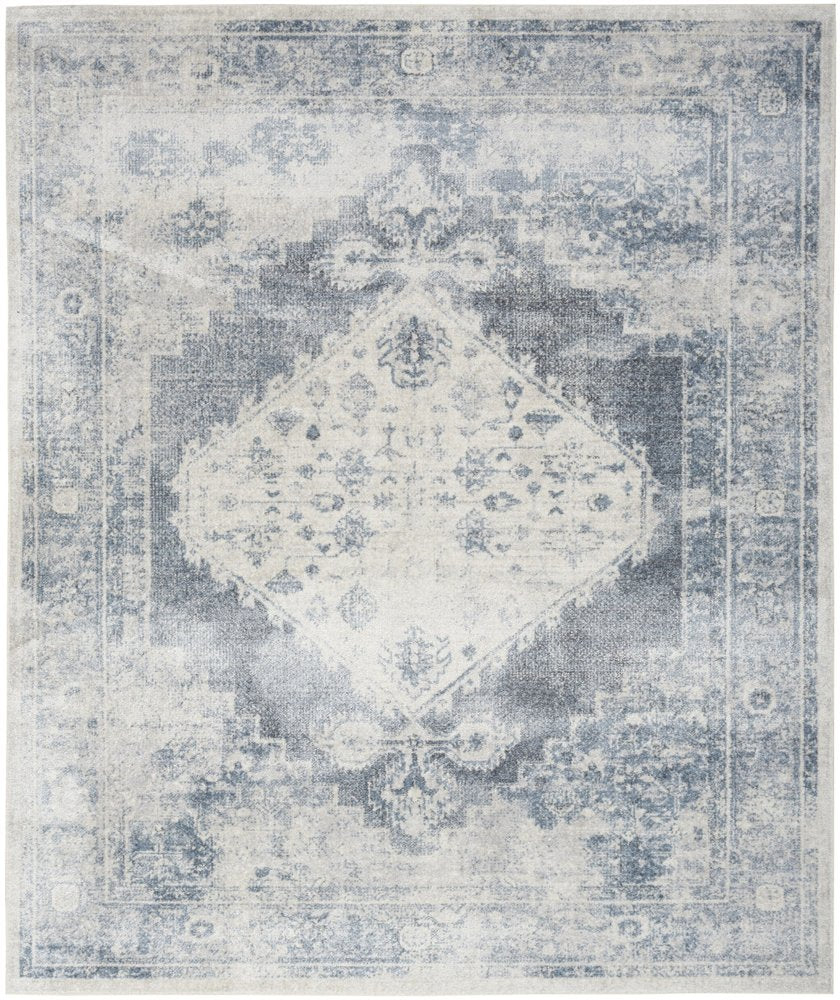 9' X 12' Blue and Ivory Oriental Power Loom Distressed Area Rug
