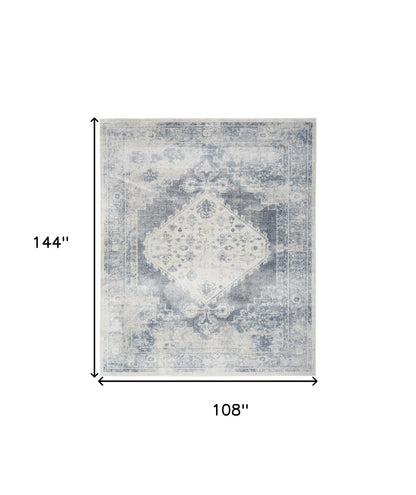 9' X 12' Blue and Ivory Oriental Power Loom Distressed Area Rug